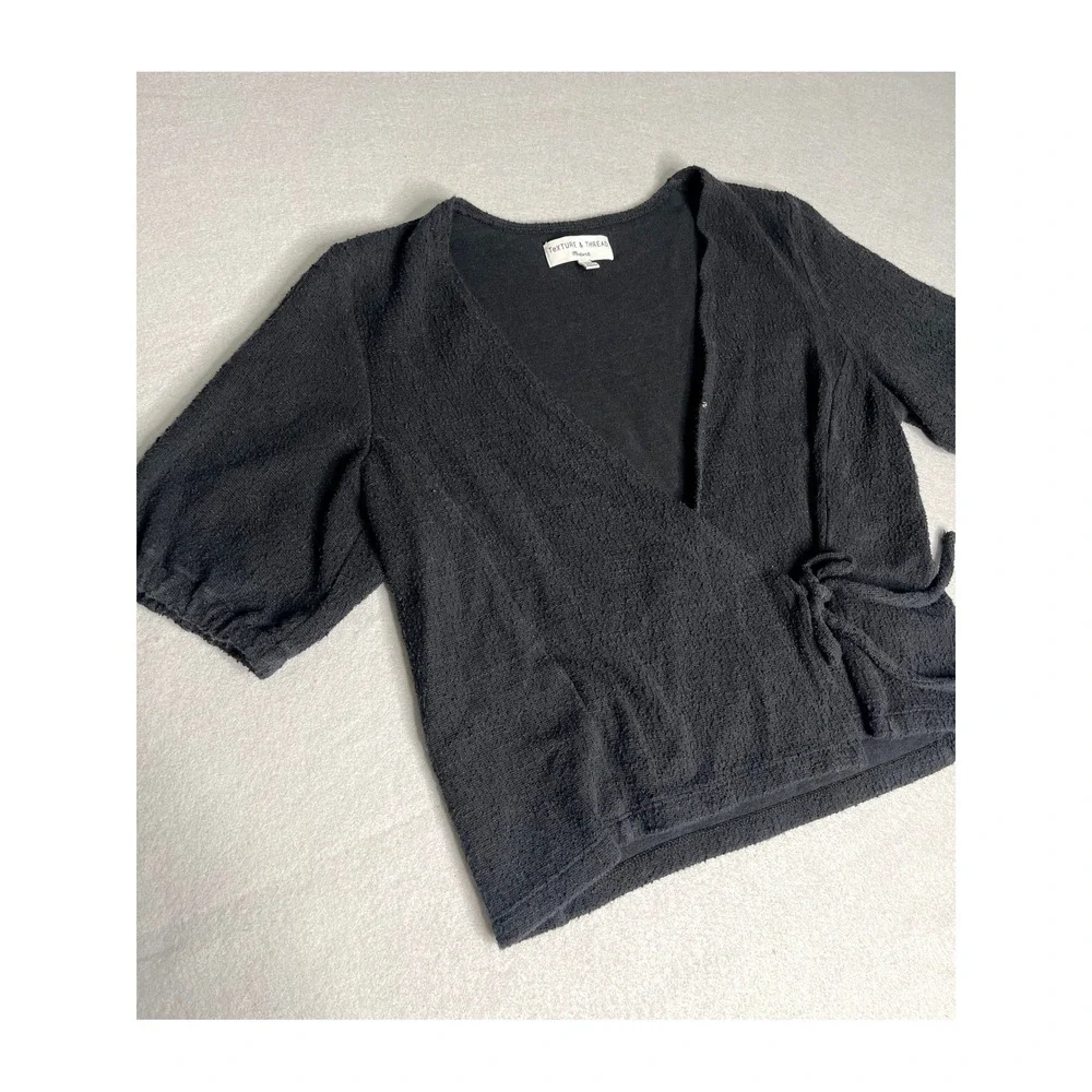 Madewell Texture And Thread Black Wrap‎ Tie Short-Sleeve Top